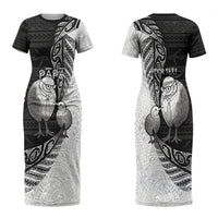Personalised New Zealand Father's Day Couples Matching Short Sleeve Bodycon Dress and Long Sleeve Button Shirt Papa Kiwi Bird Tribal Pattern DT05 - Polynesian Pride