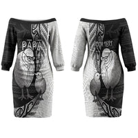 Personalised New Zealand Father's Day Family Matching Off The Shoulder Long Sleeve Dress and Hawaiian Shirt Papa Kiwi Bird Tribal Pattern DT05 Mom's Dress Black - Polynesian Pride