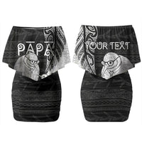 Personalised New Zealand Father's Day Family Matching Off Shoulder Short Dress and Hawaiian Shirt Papa Kiwi Bird Tribal Pattern DT05 Mom's Dress Black - Polynesian Pride