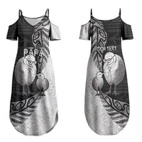 Personalised New Zealand Father's Day Family Matching Summer Maxi Dress and Hawaiian Shirt Papa Kiwi Bird Tribal Pattern DT05 Mom's Dress Black - Polynesian Pride