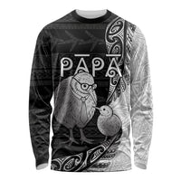 Personalised New Zealand Father's Day Long Sleeve Shirt Papa Kiwi Bird Tribal Pattern DT05 Unisex Black - Polynesian Pride