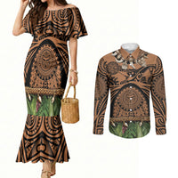 Polynesia Maui Tattoo Inspired Couples Matching Mermaid Dress and Long Sleeve Button Shirt Tropical Leaf Skirt Costume