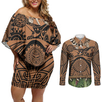 Polynesia Maui Tattoo Inspired Couples Matching Off Shoulder Short Dress and Long Sleeve Button Shirt Tropical Leaf Skirt Costume