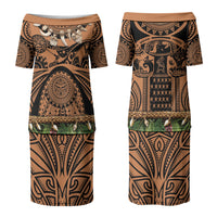 Polynesia Maui Tattoo Inspired Couples Matching Puletasi and Hawaiian Shirt Tropical Leaf Skirt Costume