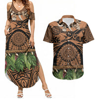 Polynesia Maui Tattoo Inspired Couples Matching Summer Maxi Dress and Hawaiian Shirt Tropical Leaf Skirt Costume