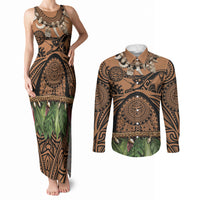 Polynesia Maui Tattoo Inspired Couples Matching Tank Maxi Dress and Long Sleeve Button Shirt Tropical Leaf Skirt Costume