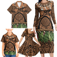 Polynesia Maui Tattoo Inspired Family Matching Long Sleeve Bodycon Dress and Hawaiian Shirt Tropical Leaf Skirt Costume