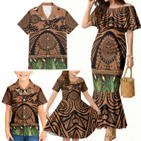Polynesia Maui Tattoo Inspired Family Matching Mermaid Dress and Hawaiian Shirt Tropical Leaf Skirt Costume