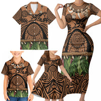 Polynesia Maui Tattoo Inspired Family Matching Short Sleeve Bodycon Dress and Hawaiian Shirt Tropical Leaf Skirt Costume