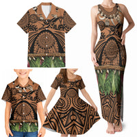 Polynesia Maui Tattoo Inspired Family Matching Tank Maxi Dress and Hawaiian Shirt Tropical Leaf Skirt Costume