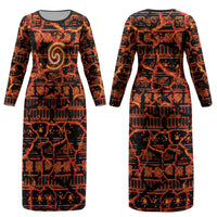 Polynesia Lava Monster Cosplay Couples Matching Long Sleeve Bodycon Dress and Hawaiian Shirt Fiery Glowing Volcano Crack Pattern