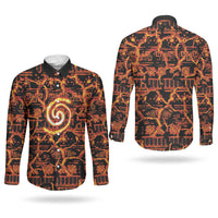 Polynesia Lava Monster Cosplay Couples Matching Long Sleeve Bodycon Dress and Long Sleeve Button Shirt Fiery Glowing Volcano Crack Pattern