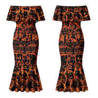 Polynesia Lava Monster Cosplay Couples Matching Mermaid Dress and Long Sleeve Button Shirt Fiery Glowing Volcano Crack Pattern