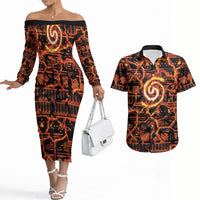 Polynesia Lava Monster Cosplay Couples Matching Off The Shoulder Long Sleeve Dress and Hawaiian Shirt Fiery Glowing Volcano Crack Pattern