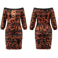 Polynesia Lava Monster Cosplay Couples Matching Off The Shoulder Long Sleeve Dress and Hawaiian Shirt Fiery Glowing Volcano Crack Pattern