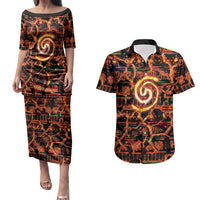 Polynesia Lava Monster Cosplay Couples Matching Puletasi and Hawaiian Shirt Fiery Glowing Volcano Crack Pattern