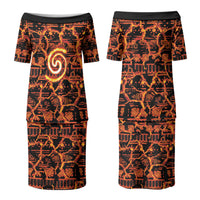 Polynesia Lava Monster Cosplay Couples Matching Puletasi and Hawaiian Shirt Fiery Glowing Volcano Crack Pattern