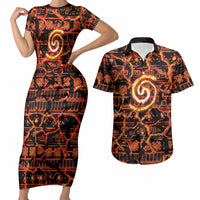 Polynesia Lava Monster Cosplay Couples Matching Short Sleeve Bodycon Dress and Hawaiian Shirt Fiery Glowing Volcano Crack Pattern