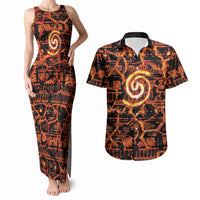 Polynesia Lava Monster Cosplay Couples Matching Tank Maxi Dress and Hawaiian Shirt Fiery Glowing Volcano Crack Pattern