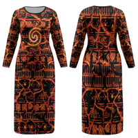 Polynesia Lava Monster Cosplay Family Matching Long Sleeve Bodycon Dress and Hawaiian Shirt Fiery Glowing Volcano Crack Pattern