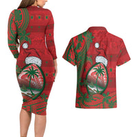 Guam Christmas Couples Matching Long Sleeve Bodycon Dress and Hawaiian Shirt Chamorro Seal Hat Santa Tribal Waves - Polynesian Pride