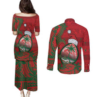 Guam Christmas Couples Matching Puletasi and Long Sleeve Button Shirt Chamorro Seal Hat Santa Tribal Waves DT05 - Polynesian Pride