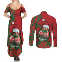 Guam Christmas Couples Matching Summer Maxi Dress and Long Sleeve Button Shirt Chamorro Seal Hat Santa Tribal Waves - Polynesian Pride