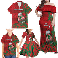 Guam Christmas Family Matching Off Shoulder Maxi Dress and Hawaiian Shirt Chamorro Seal Hat Santa Tribal Waves - Polynesian Pride