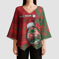 Guam Christmas Kimono Sleeve Blouse Chamorro Seal Hat Santa Tribal Waves - Polynesian Pride