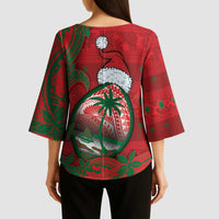 Guam Christmas Kimono Sleeve Blouse Chamorro Seal Hat Santa Tribal Waves - Polynesian Pride