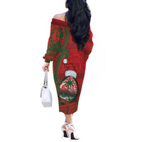Guam Christmas Off The Shoulder Long Sleeve Dress Chamorro Seal Hat Santa Tribal Waves - Polynesian Pride