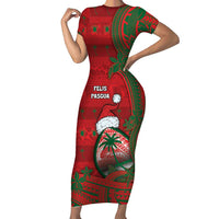 Guam Christmas Short Sleeve Bodycon Dress Chamorro Seal Hat Santa Tribal Waves DT05 Long Dress Red - Polynesian Pride