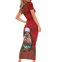 Guam Christmas Short Sleeve Bodycon Dress Chamorro Seal Hat Santa Tribal Waves DT05 - Polynesian Pride
