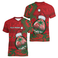 Guam Christmas Women V-Neck T-Shirt Chamorro Seal Hat Santa Tribal Waves DT05 - Polynesian Pride