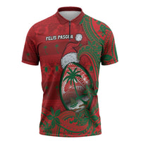 Guam Christmas Zipper Polo Shirt Chamorro Seal Hat Santa Tribal Waves DT05 Red - Polynesian Pride