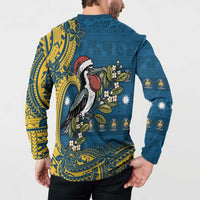 Nauru Christmas Button Sweatshirt Frigatebird Bird Santa Tribal Waves - Polynesian Pride