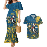 Nauru Christmas Couples Matching Mermaid Dress and Hawaiian Shirt Frigatebird Bird Santa Tribal Waves DT05 Deep Blue - Polynesian Pride