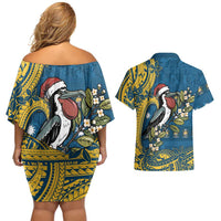 Nauru Christmas Couples Matching Off Shoulder Short Dress and Hawaiian Shirt Frigatebird Bird Santa Tribal Waves - Polynesian Pride