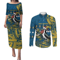 Nauru Christmas Couples Matching Puletasi and Long Sleeve Button Shirt Frigatebird Bird Santa Tribal Waves DT05 Deep Blue - Polynesian Pride