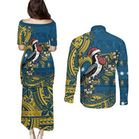 Nauru Christmas Couples Matching Puletasi and Long Sleeve Button Shirt Frigatebird Bird Santa Tribal Waves DT05 - Polynesian Pride