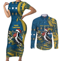 Nauru Christmas Couples Matching Short Sleeve Bodycon Dress and Long Sleeve Button Shirt Frigatebird Bird Santa Tribal Waves - Polynesian Pride