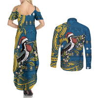 Nauru Christmas Couples Matching Summer Maxi Dress and Long Sleeve Button Shirt Frigatebird Bird Santa Tribal Waves - Polynesian Pride