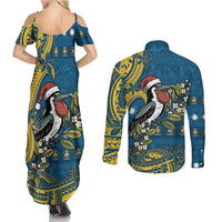 Nauru Christmas Couples Matching Summer Maxi Dress and Long Sleeve Button Shirt Frigatebird Bird Santa Tribal Waves - Polynesian Pride