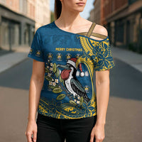 Nauru Christmas Cross Shoulder Shirt Frigatebird Bird Santa Tribal Waves - Polynesian Pride