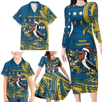 Nauru Christmas Family Matching Long Sleeve Bodycon Dress and Hawaiian Shirt Frigatebird Bird Santa Tribal Waves - Polynesian Pride