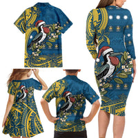 Nauru Christmas Family Matching Long Sleeve Bodycon Dress and Hawaiian Shirt Frigatebird Bird Santa Tribal Waves - Polynesian Pride