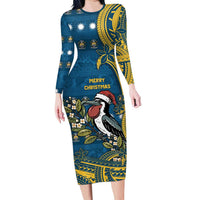 Nauru Christmas Family Matching Long Sleeve Bodycon Dress and Hawaiian Shirt Frigatebird Bird Santa Tribal Waves - Polynesian Pride