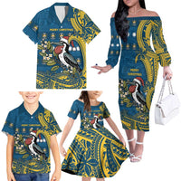 Nauru Christmas Family Matching Off The Shoulder Long Sleeve Dress and Hawaiian Shirt Frigatebird Bird Santa Tribal Waves - Polynesian Pride