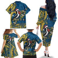 Nauru Christmas Family Matching Off The Shoulder Long Sleeve Dress and Hawaiian Shirt Frigatebird Bird Santa Tribal Waves - Polynesian Pride