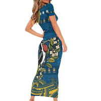 Nauru Christmas Family Matching Short Sleeve Bodycon Dress and Hawaiian Shirt Frigatebird Bird Santa Tribal Waves - Polynesian Pride